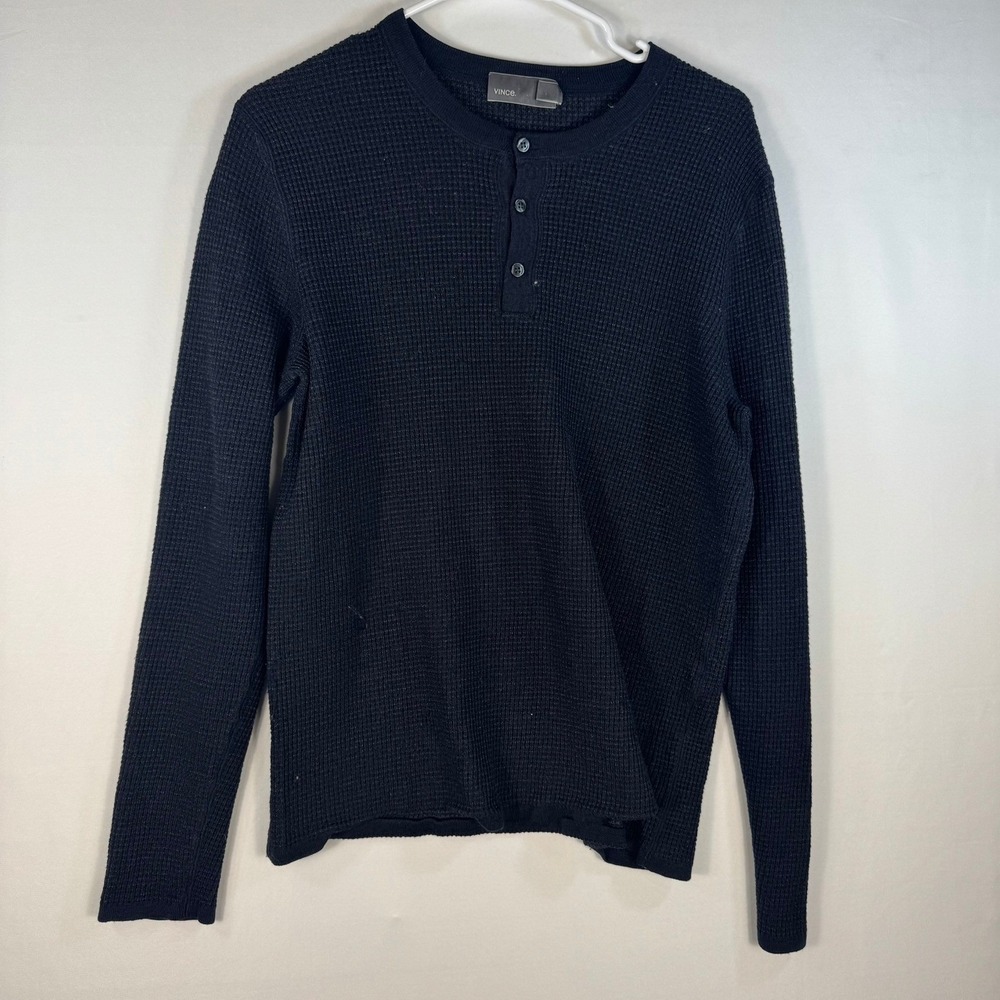 Vince Mens Navy Blue Wool Silk Waffle Knit Henley Sweater Large RN106730